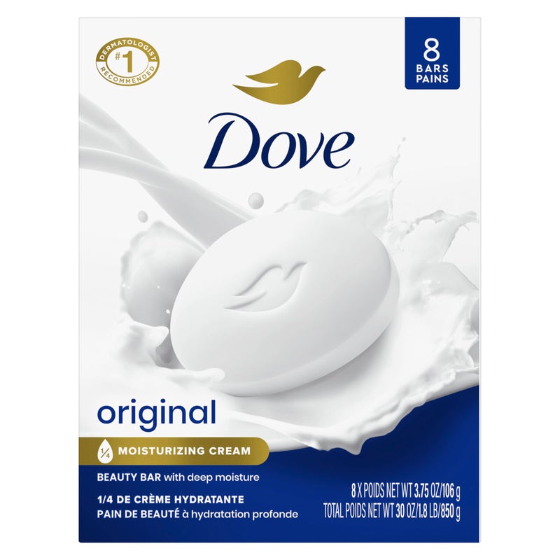 Dove Beauty Bar Soap Original 8 Count for Soft, Smooth Skin, with 1/4 Moisturizing Cream 3.75 oz - Image 1