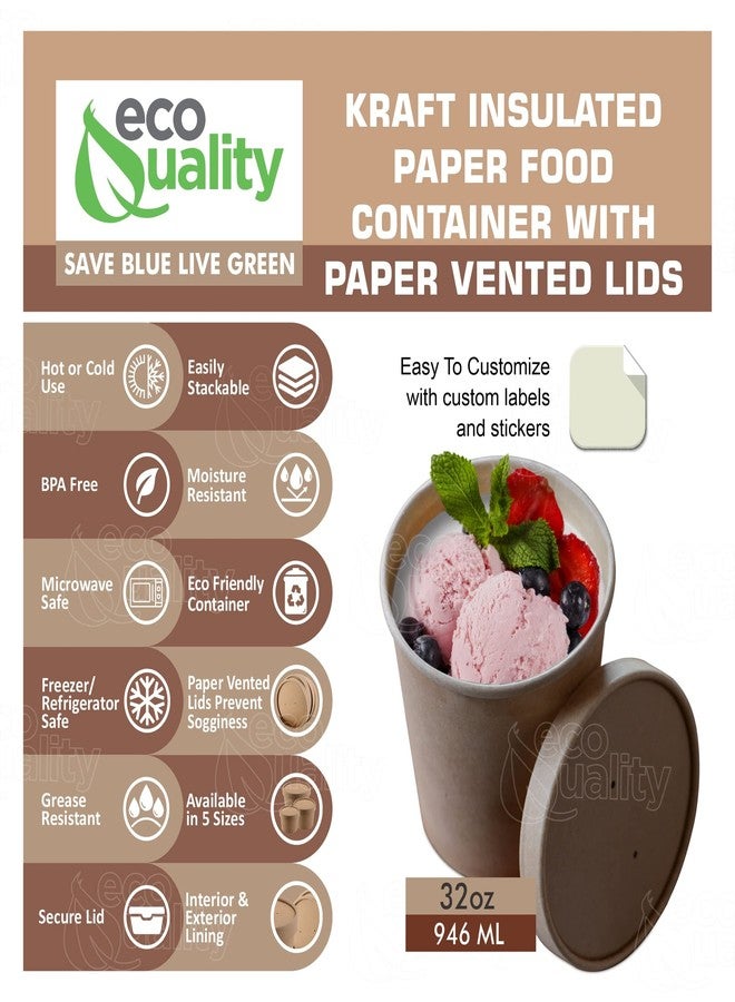 EcoQuality Disposable Kraft Paper Soup Containers with Lids - Paper Ice Cream Cups - Disposable Dessert Bowls, Frozen Yogurt Cups - Food Storage Containers, Microwavable and Freezer Safe Take Out (32oz, 25) - Image 2