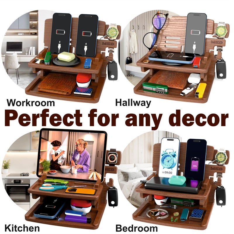 MED Wood Phone Docking Station for Men - Desk or Nightstand Organizer - Birthday Gifts for Husband, Dad - Anniversary Idea from Wife - Key Holder, Stand Wallet, Watch & Essentials (Dark Walnut) - Image 4