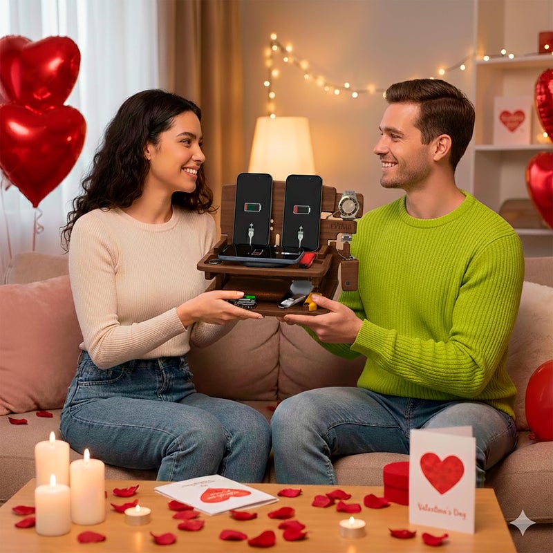 MED Wood Phone Docking Station for Men - Desk or Nightstand Organizer - Birthday Gifts for Husband, Dad - Anniversary Idea from Wife - Key Holder, Stand Wallet, Watch & Essentials (Dark Walnut) - Image 2