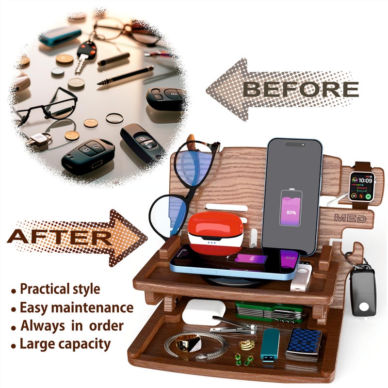 MED Wood Phone Docking Station for Men - Desk or Nightstand Organizer - Birthday Gifts for Husband, Dad - Anniversary Idea from Wife - Key Holder, Stand Wallet, Watch & Essentials (Dark Walnut) - Image 3