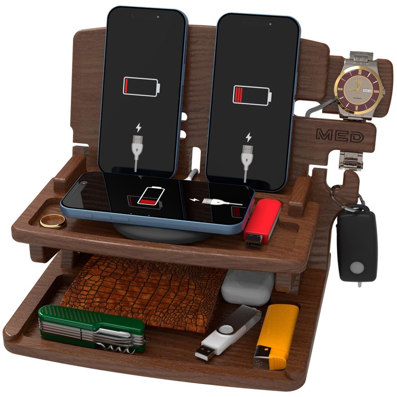 MED Wood Phone Docking Station for Men - Desk or Nightstand Organizer - Birthday Gifts for Husband, Dad - Anniversary Idea from Wife - Key Holder, Stand Wallet, Watch & Essentials (Dark Walnut) - Image 1