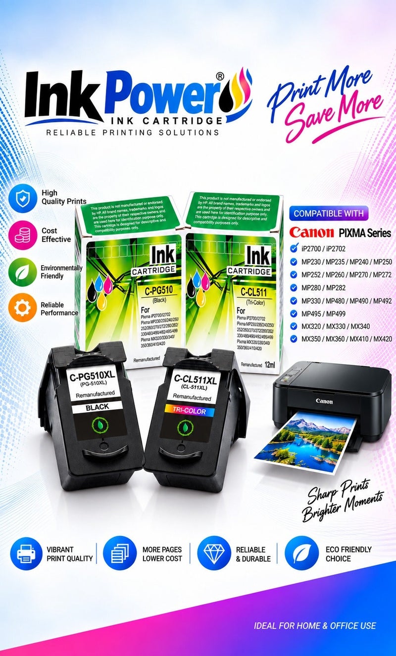 INK PG 510 CL 511 510XL 511XL Compatible Ink Cartridge for Canon MP230 MP250 MP280 MP2510 MP480 MP492 MP495 IP2700 IP2702 MX320 MX330 MX3510 Printers. - Image 1