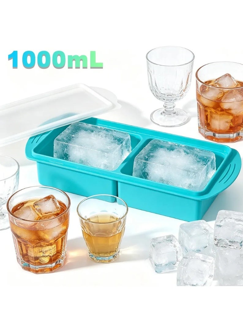 Silicone Freezer Tray with Lid, 2-Compartment, 1000ml, for Large Ice Cubes, Soup & Food Storage - Image 1