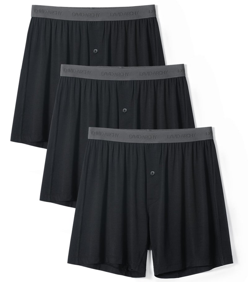 DAVID ARCHY شورتات داخلية للرجال من ديفيد آرتشي مصنوعة من رايون البامبو، شورتات بوكسر للرجال قابلة للتنفس وباردة مع فتحة زر، عبوة 3 قطع (L، أسود) - Image 1