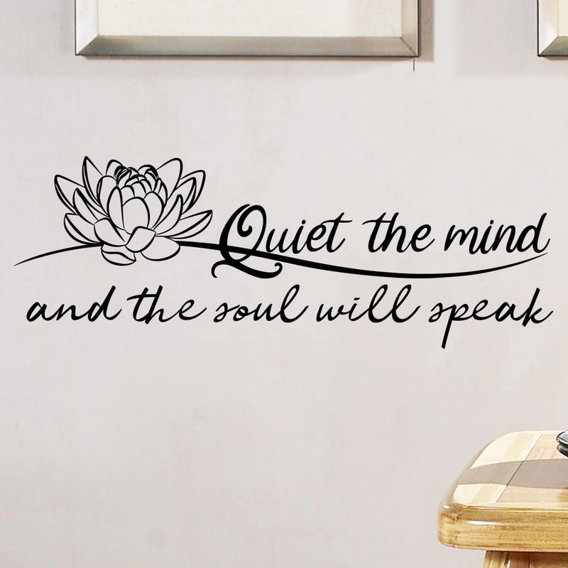 MOVANKRO Quiet The Mind and The Soul Will Speak Lotus  Pure Black Vinyl Wall Decal Without Transparent Edge Art Letters Meditation Quotes Decoration Yoga Pilates Sayings 