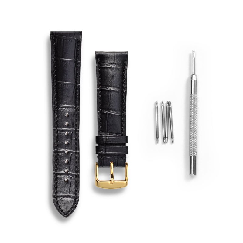 WOCCI 14mm Watch Band, Italian Leather, Embossed Alligator Grain, Gold Buckle (Black) - Image 3