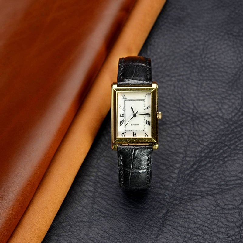 WOCCI 14mm Watch Band, Italian Leather, Embossed Alligator Grain, Gold Buckle (Black) - Image 5