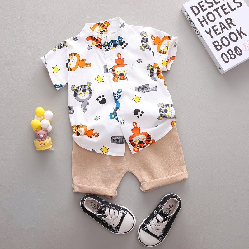 Cross-border childrens clothing summer new childrens clothing summer clothing boys baby infant childrens suit short sleeve suit two-piece fashion White 