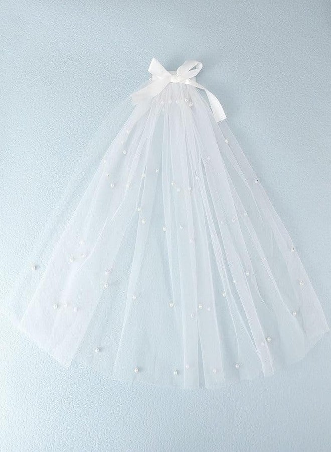 FAMEZA 1 Pcs Luxury Bride Wedding Veil clip Pearl Bridal Hair Piece White Tulle Veils with Bow Tie Bachelorette Party Hair Accessories for Women and Girls|white color - Image 2