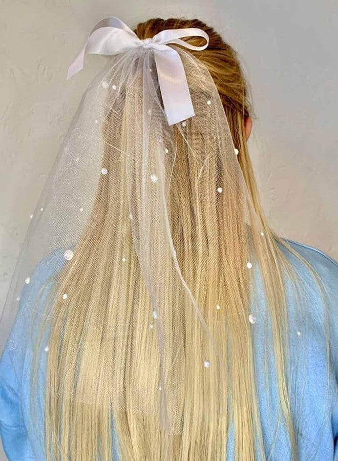 FAMEZA 1 Pcs Luxury Bride Wedding Veil clip Pearl Bridal Hair Piece White Tulle Veils with Bow Tie Bachelorette Party Hair Accessories for Women and Girls|white color - Image 4