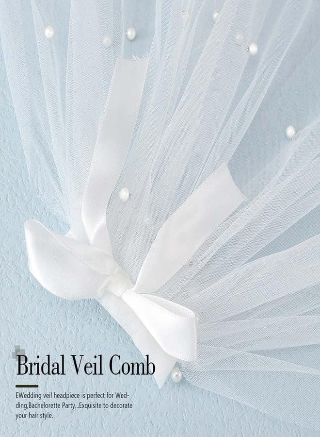 FAMEZA 1 Pcs Luxury Bride Wedding Veil clip Pearl Bridal Hair Piece White Tulle Veils with Bow Tie Bachelorette Party Hair Accessories for Women and Girls|white color - Image 3