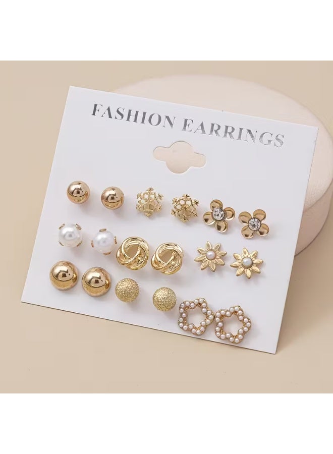 aeen A Set of 9 Pairs KC Golden Plated Simple, Stylish, And Cute Flower And Snowflake Earrings in Various Styles, Suitable for Everyday Wear by Women. A Large Set of Jewellery And Holiday Gifts. - Image 1