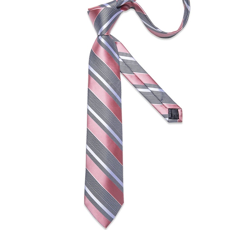 DiBanGu Mens Striped Tie Silk Woven Necktie and Pocket Square Cufflinks Tie Clip Set Wedding Business Formal Gift Tie for Men, Pink and Grey - Image 3