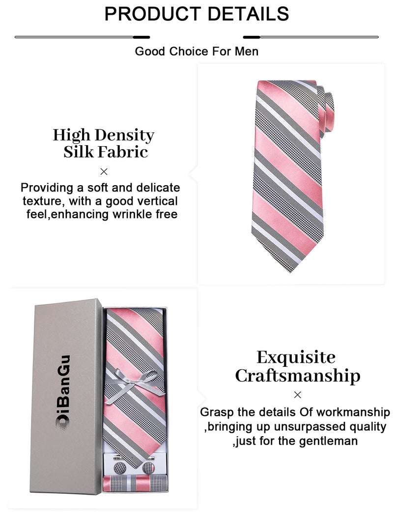 DiBanGu Mens Striped Tie Silk Woven Necktie and Pocket Square Cufflinks Tie Clip Set Wedding Business Formal Gift Tie for Men, Pink and Grey - Image 5