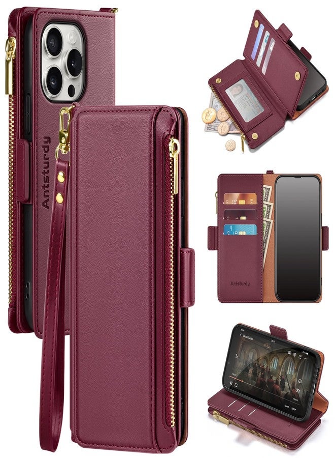 Antsturdy Compatible with iPhone 15 Pro Wallet Case,【RFID Blocking】 PU Leather Phone Case Women Men with Card Holder Flip Folio Cover Wrist Strap Zipper Credit Card Slots for Apple 15 Pro,Wine Red - Image 1