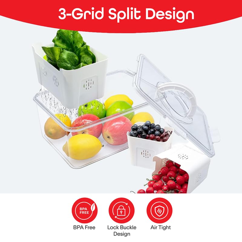 PRIME PICK 3 Compartment Fridge Storage Container Airtight BPA Free Organizer With Drain Basket Detachable Lid Keeps Food Fresh White Standard Size - Image 5