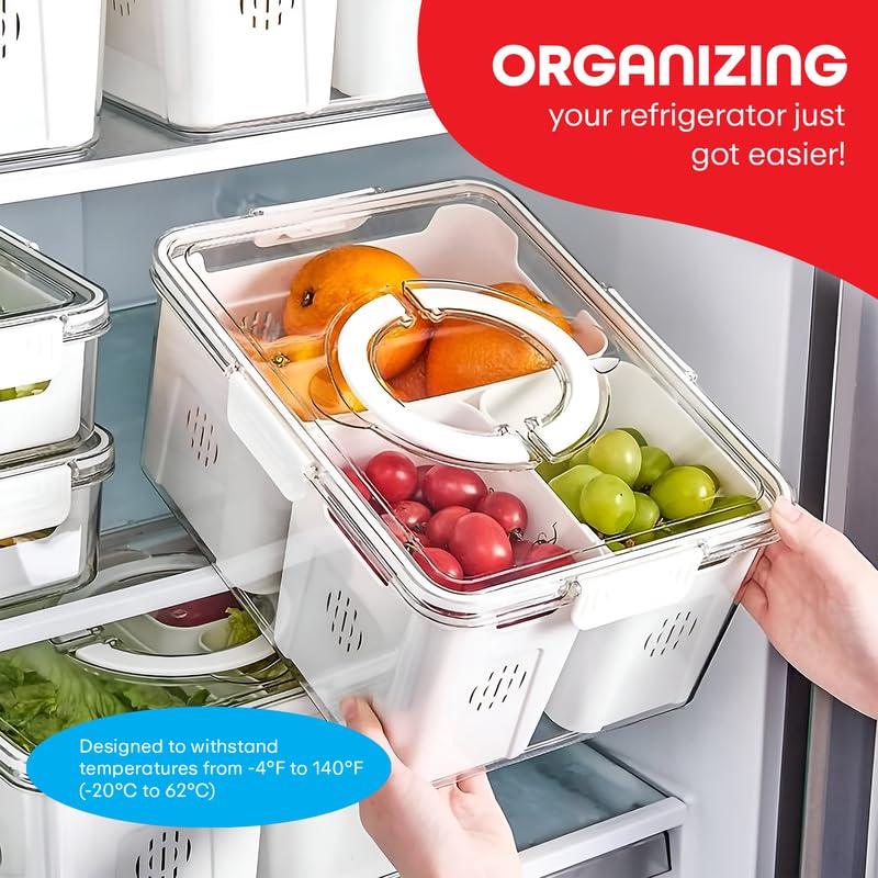 PRIME PICK 3 Compartment Fridge Storage Container Airtight BPA Free Organizer With Drain Basket Detachable Lid Keeps Food Fresh White Standard Size - Image 4