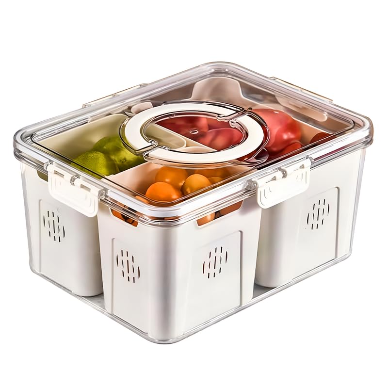 PRIME PICK 3 Compartment Fridge Storage Container Airtight BPA Free Organizer With Drain Basket Detachable Lid Keeps Food Fresh White Standard Size - Image 1