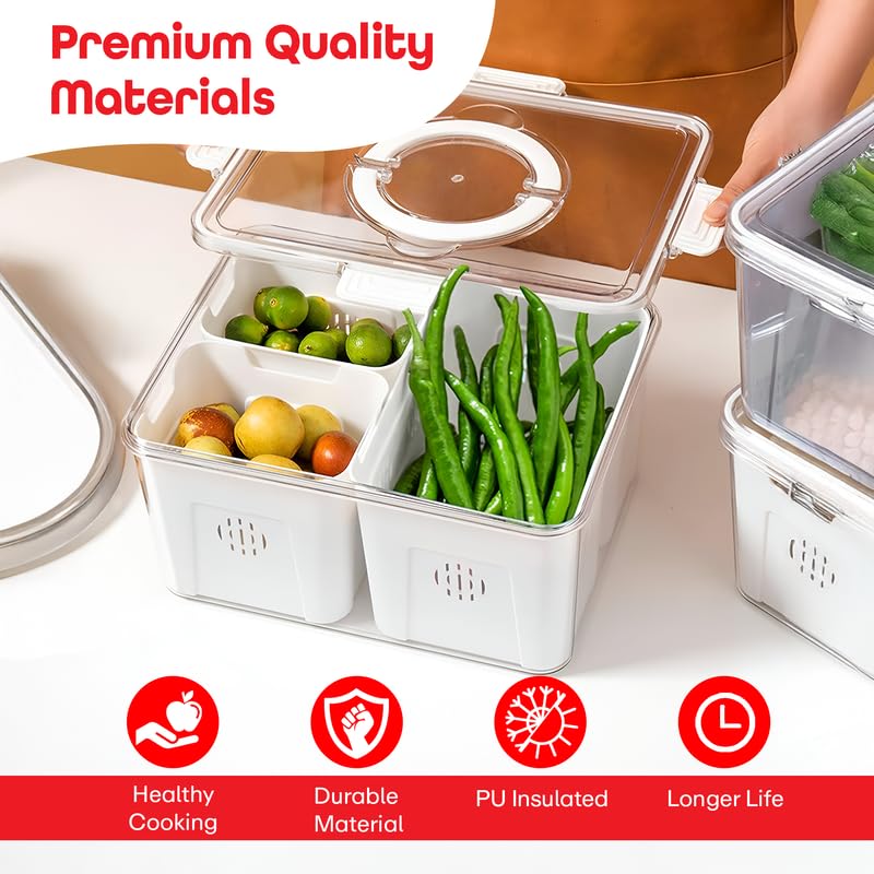 PRIME PICK 3 Compartment Fridge Storage Container Airtight BPA Free Organizer With Drain Basket Detachable Lid Keeps Food Fresh White Standard Size - Image 3