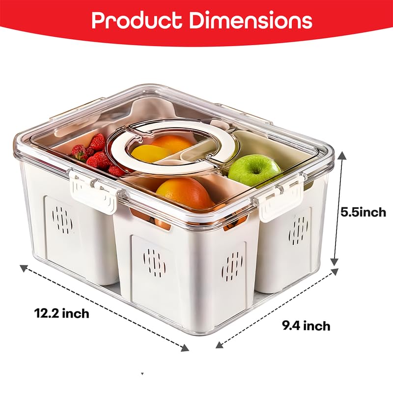PRIME PICK 3 Compartment Fridge Storage Container Airtight BPA Free Organizer With Drain Basket Detachable Lid Keeps Food Fresh White Standard Size - Image 2