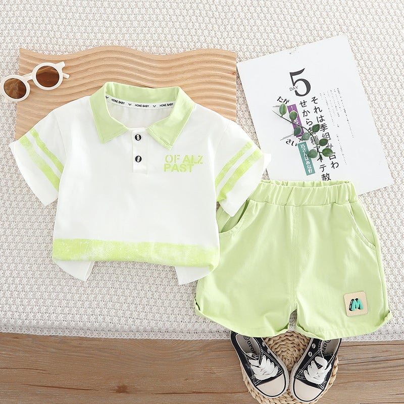 2025 New Summer Childrens Short-sleeved suit Boys Polo English PAST Top Shorts Two-piece Fashionable Set Light green 