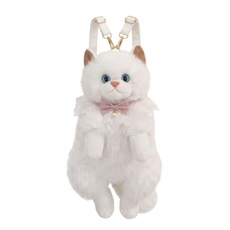 Kiddoz Realistic Cat Plush Backpack with Adjustable Straps & Zipper Closure - White | Faux Fur Animal Backpack, Suitable for daily use and casual fashion, Travel, Cat Lovers, Birthday Gifts, New Year Gifts - Image 1