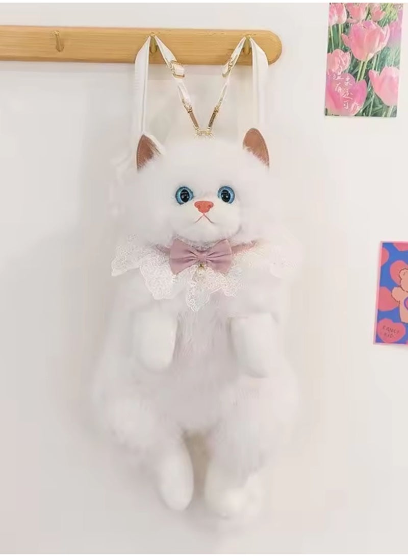 Kiddoz Realistic Cat Plush Backpack with Adjustable Straps & Zipper Closure - White | Faux Fur Animal Backpack, Suitable for daily use and casual fashion, Travel, Cat Lovers, Birthday Gifts, New Year Gifts - Image 2