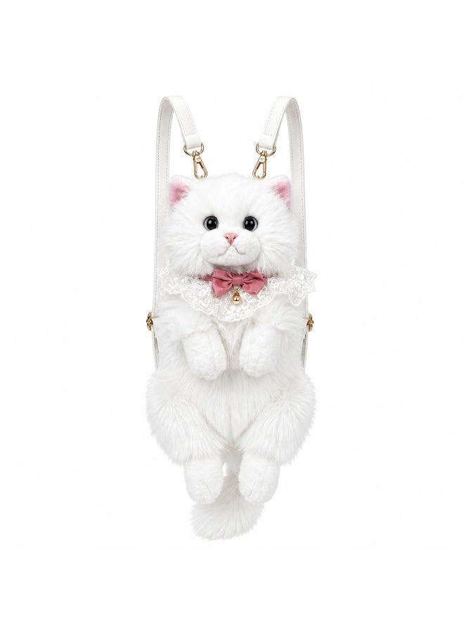 Kiddoz Realistic Cat Plush Backpack with Adjustable Straps & Zipper Closure - White | Faux Fur Animal Backpack, Suitable for daily use and casual fashion, Travel, Cat Lovers, Birthday Gifts, New Year Gifts - Image 1