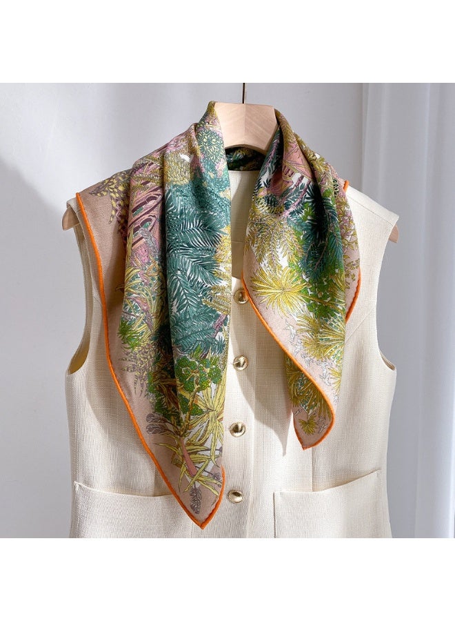 Handmade Silk & Wool Scarf, Tropical Garden Floral Leaf Print Pattern