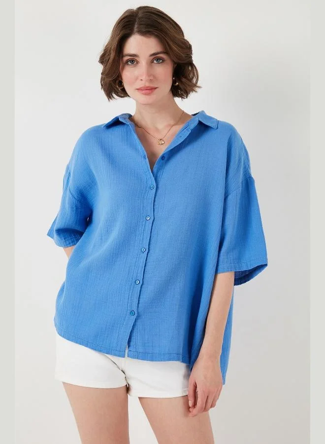 ليلا قميص قطني ليلى بقصة عادية وأكمام قصيرة بفتحة للنساء
