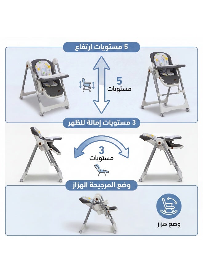 نيفورا  كرسي طعام نيفورا للأطفال 3 في 1 - مستويات ارتفاع متعددة، وضع هزاز، طاولة مزدوجة وعجل بفرامل لسهولة الحركة - Image 2