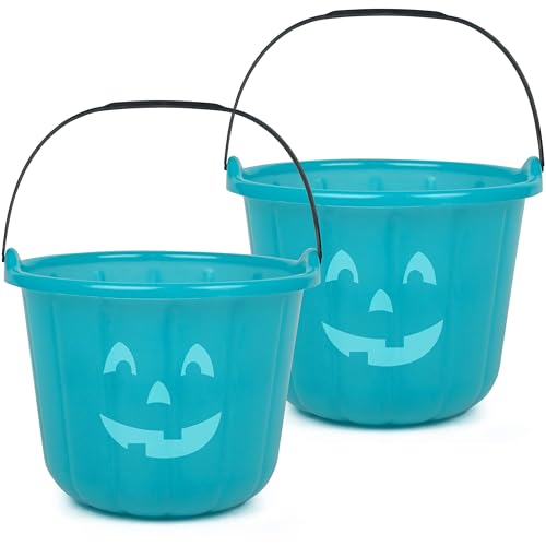 SCS Direct Teal Pumpkin Halloween Trick or Treat Bucket 8.5 in (2 Pack)-Official Teal Pumpkin Project Allergy-Friendly Candy Pail Accessory and Party Decoration Supplies, Haunted House Plastic Bowl w Handle - Image 1