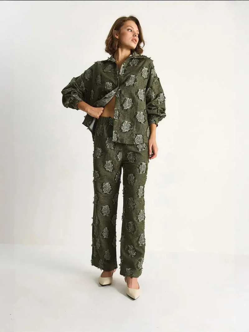 Bianco Lucci LUCCI Embroidered Oversized Shirt and Wide Leg Trousers Co-Ord Set