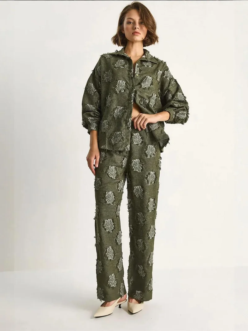 Bianco Lucci LUCCI Embroidered Oversized Shirt and Wide Leg Trousers Co-Ord Set