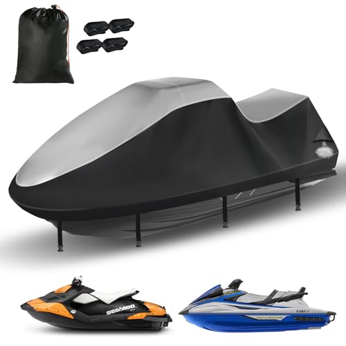 GRABADO Jetski Cover 3 Seater,Durable 420D Jetski Cover 3 Seater Waterproof,Upgraded Waverunner Cover with 2 Air Vents，4 Windproof Buckles,All Weather Universal Cover for Seadoo (Silver-Black, XL:115"-120") - Image 1