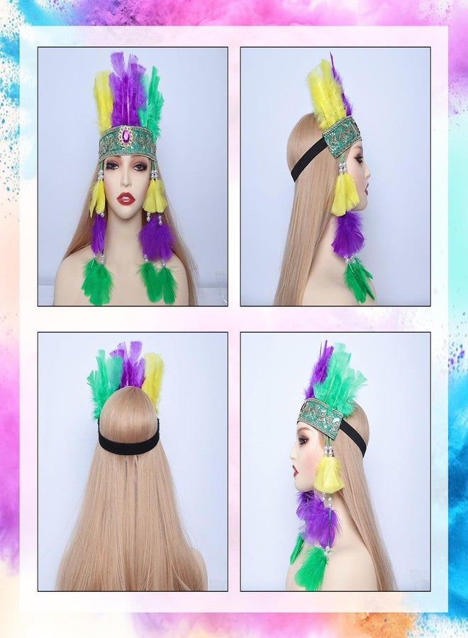 Gvhntk Mardi Gras Feather Headband Carnival Headpieces for Women Purple Yellow Green Feather Headdress Mardi Gras Accessories for Women Girls Party Costume - Image 3