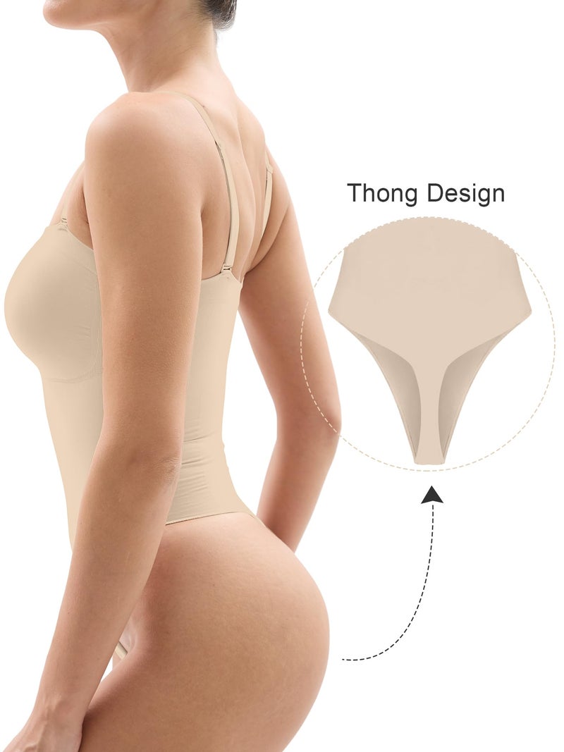 SHAPERX Strapless Bodysuit for Women Tummy Control Seamless Shapewear Thong Body Shaper with Invisible & Removable Straps,SZ5216-Beige-S/M - Image 2