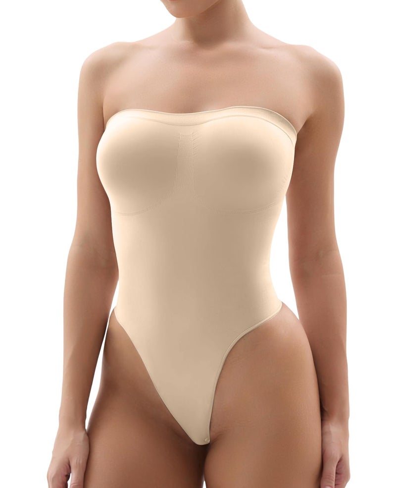 SHAPERX Strapless Bodysuit for Women Tummy Control Seamless Shapewear Thong Body Shaper with Invisible & Removable Straps,SZ5216-Beige-S/M - Image 1