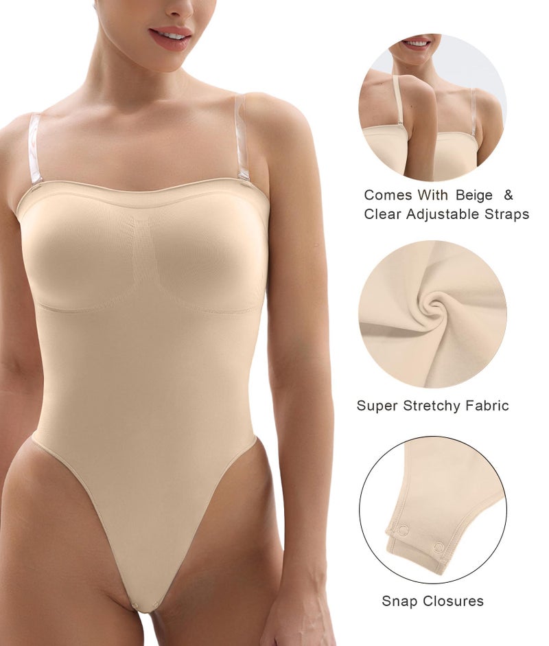 SHAPERX Strapless Bodysuit for Women Tummy Control Seamless Shapewear Thong Body Shaper with Invisible & Removable Straps,SZ5216-Beige-S/M - Image 3