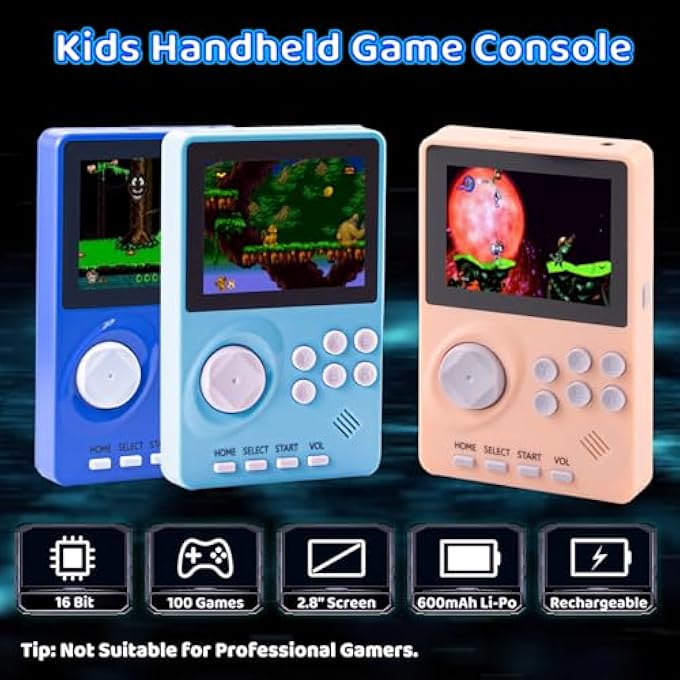 KIDS HANDHELD VIDEO GAME CONSOLE BUILT IN 100 16-BIT GAMES, HANDHELD RETRO GAMING CONSOLE, TRAVE-FRIENDLY GAME CONSOLE, 2.8" COLOR SCREEN, RECHARGEABLE BATTERY, HANDHELD GAME CONSOLE FOR BOY GIRL - Image 2