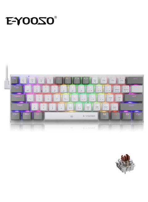 Z-11 60% Wired RGB Arabic & English Mechanical Keyboard,61 Keys Compact Gaming Keyboard with Hot Swappable Brown Switches for Windows, Mac PS(White Grey)