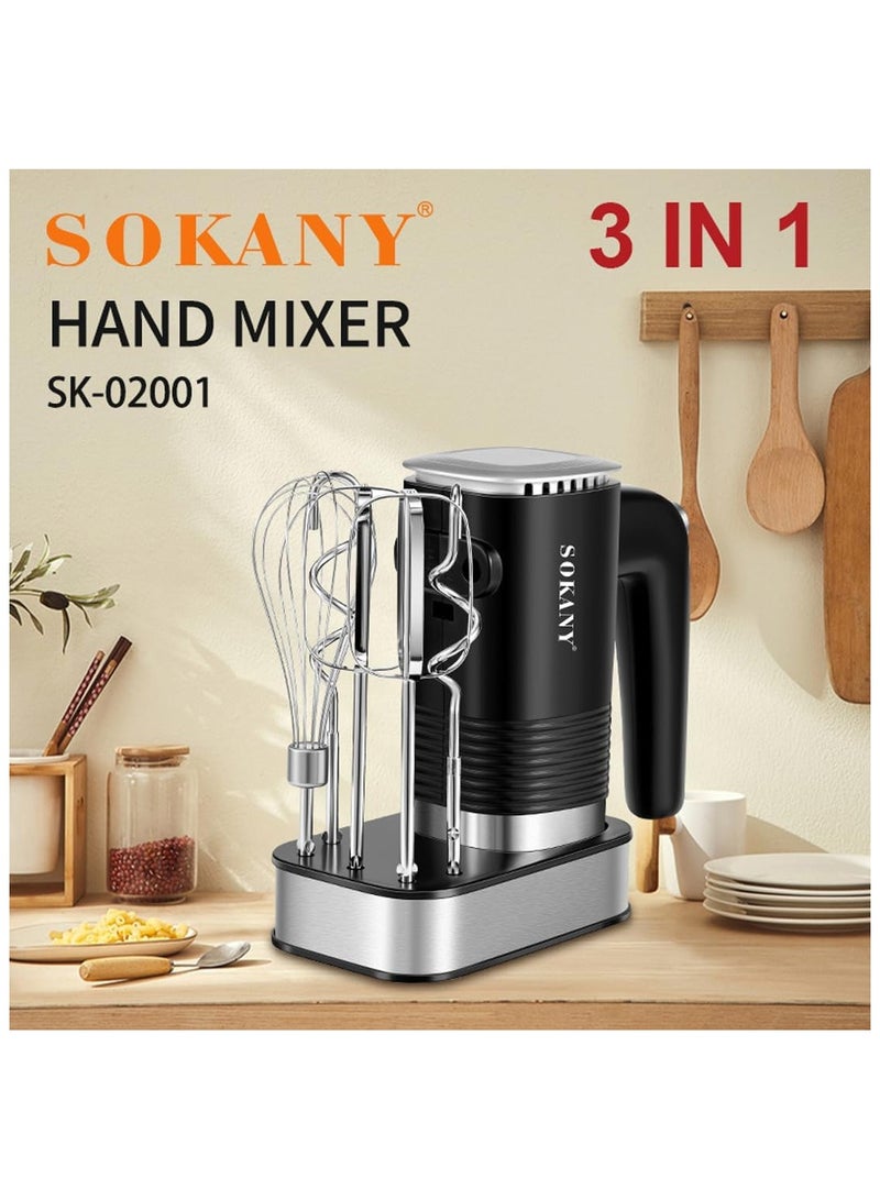 SOKANY SK-02001 800W 3 in 1 Electric Hand Mixer Stainless Steel 5 Speeds with Eject Button, Hand Mixer with 2 Dough Hooks, 2 Beaters and Stainless Steel Bench - Image 1