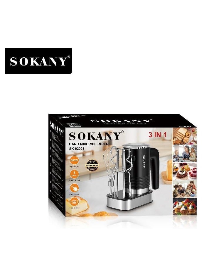 SOKANY SK-02001 800W 3 in 1 Electric Hand Mixer Stainless Steel 5 Speeds with Eject Button, Hand Mixer with 2 Dough Hooks, 2 Beaters and Stainless Steel Bench - Image 3
