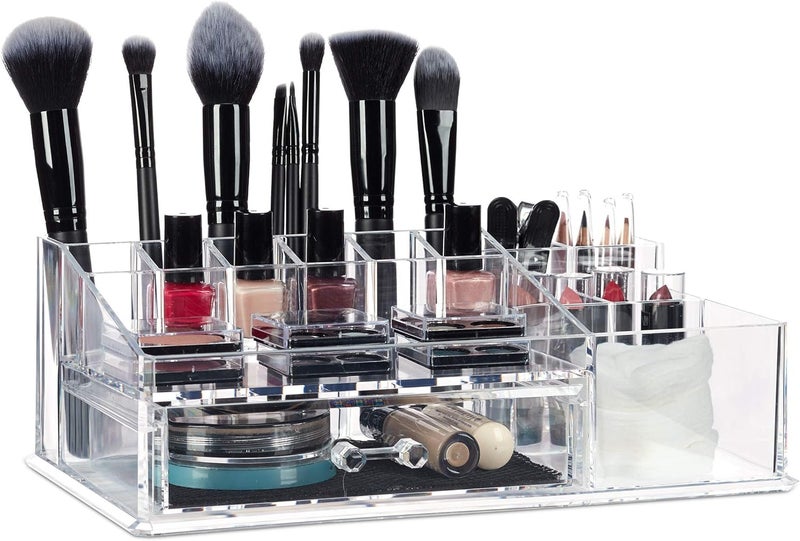 Relaxdays Makeup Organiser with Drawer Acrylic Storage Box for Cosmetics and Jewellery Lipstick Holder Transparent