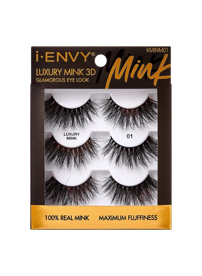 I Envy False Lashes Mink 3D Lashes Value Pack Real Mink Maximum Fluffy Wispy Luxury Glamorous Natural Look Reusable Eyelashes (01)