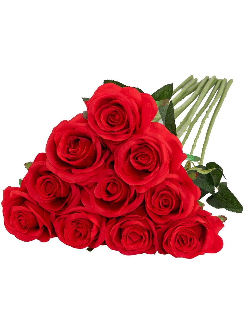 HOME ZONE Artificial Silk Rose Flower Bouquet Lifelike Fake Rose for Wedding Home Party Decoration Event Gift 10pcs (Red) - Image 1