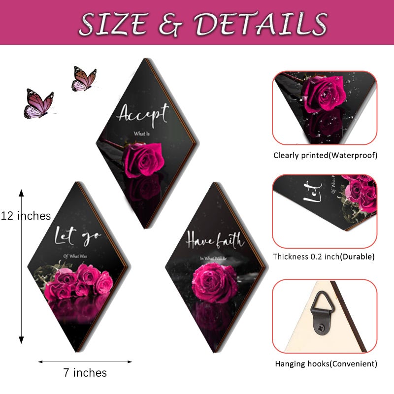 ZINYAZHE 3 Pcs Pink Wall Decor Pink Rose Bathroom Decor Farmhouse Pink Bedroom decor Inspirational Wood Office Wall Art with Accept Let Go Have Faith Sign for Girl Women Living Room Bedroom(Pink Rose12x7 Inch) - Image 2