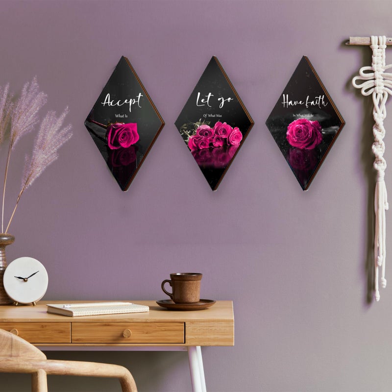 ZINYAZHE 3 Pcs Pink Wall Decor Pink Rose Bathroom Decor Farmhouse Pink Bedroom decor Inspirational Wood Office Wall Art with Accept Let Go Have Faith Sign for Girl Women Living Room Bedroom(Pink Rose12x7 Inch) - Image 1
