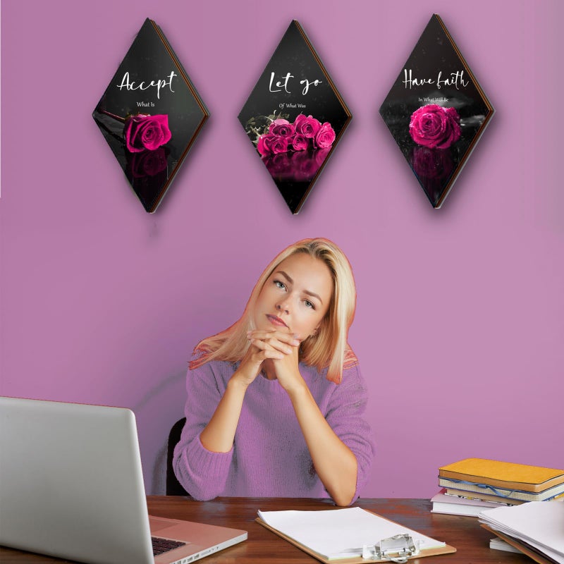 ZINYAZHE 3 Pcs Pink Wall Decor Pink Rose Bathroom Decor Farmhouse Pink Bedroom decor Inspirational Wood Office Wall Art with Accept Let Go Have Faith Sign for Girl Women Living Room Bedroom(Pink Rose12x7 Inch) - Image 4